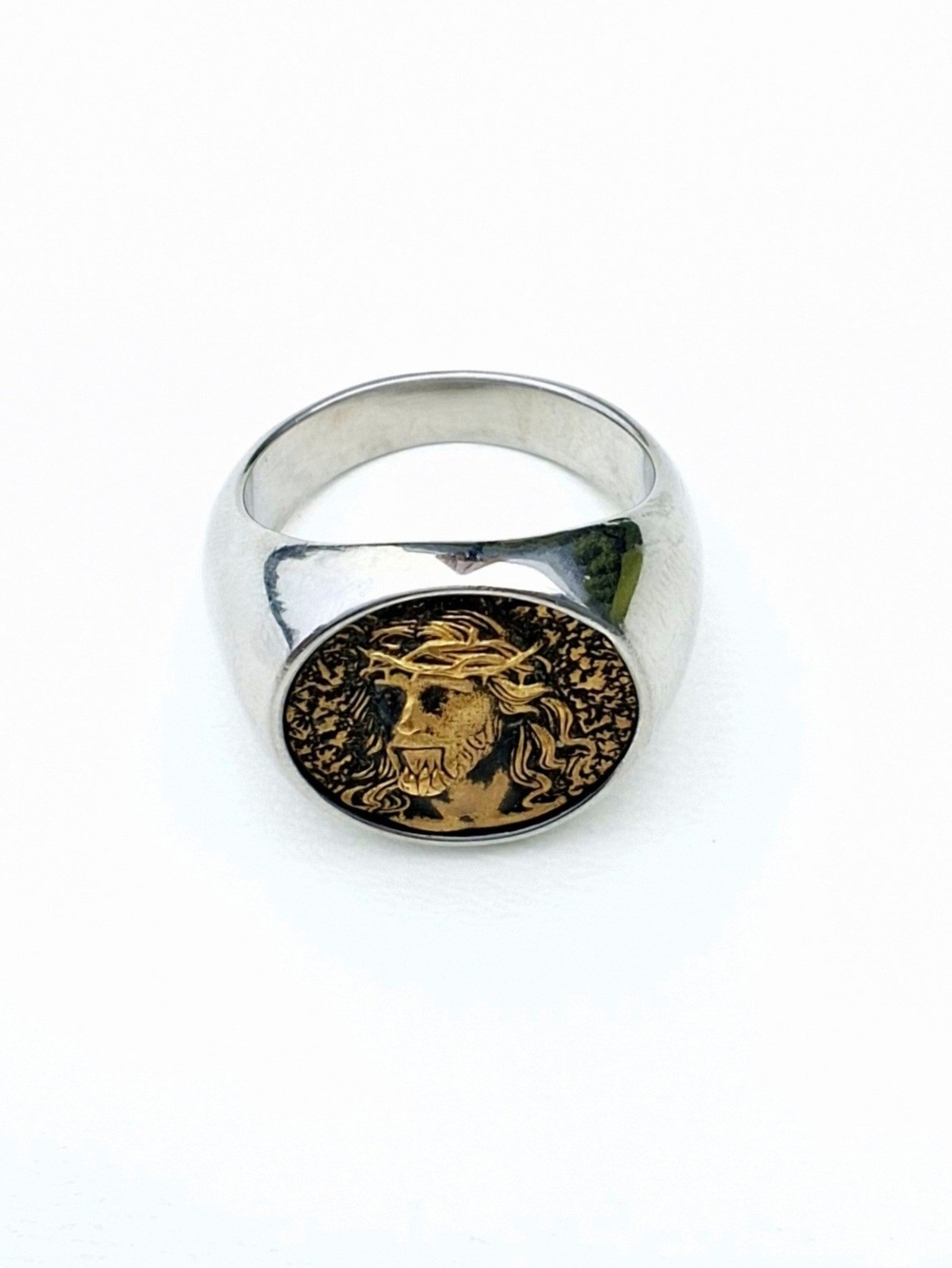 316L Stainless Steel Jesus Portrait Signet Ring - Silver/Gold (Size 12)